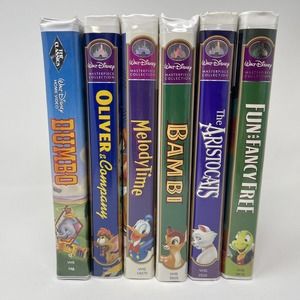 6 Disney Masterpiece VHS Dumbo Oliver MelodyTime Bambi Aristocats Fun Fancy Free